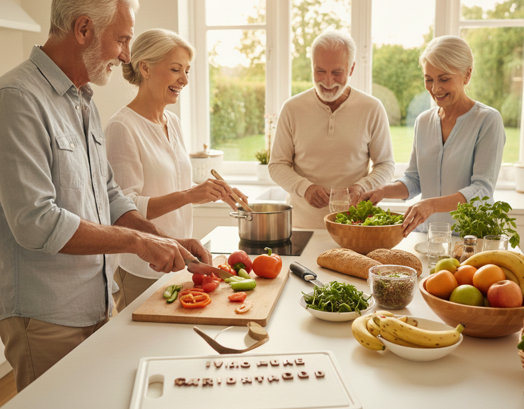 Active seniors practicing yoga and cycling outdoors, representing healthy aging and fitness for adults over 65.