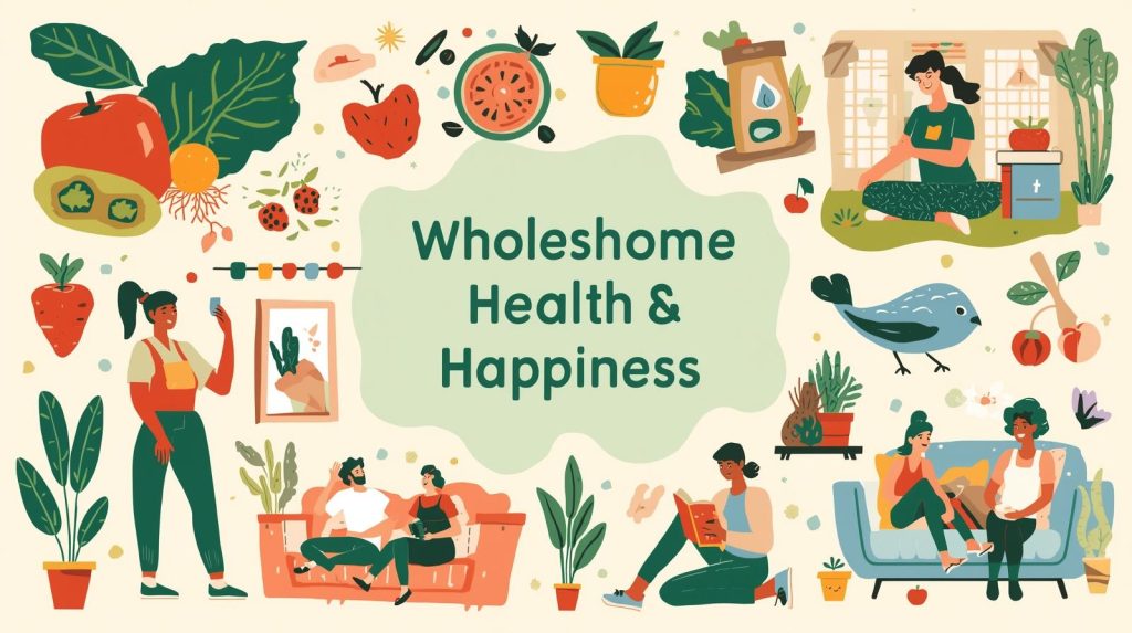 Wholesome illustration of healthy and happy daily life showing balanced nutrition, self-care, relaxation, social connection, and mindfulness.