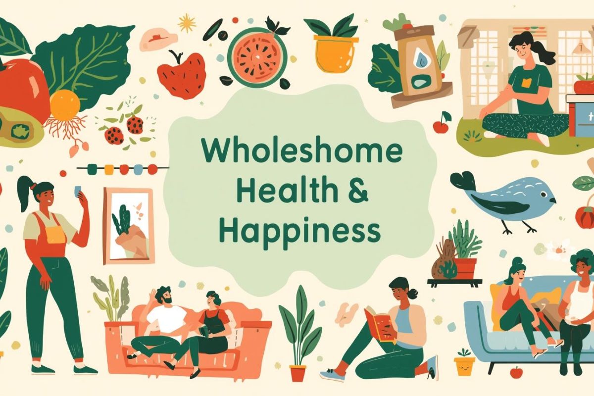 Wholesome illustration of healthy and happy daily life showing balanced nutrition, self-care, relaxation, social connection, and mindfulness.