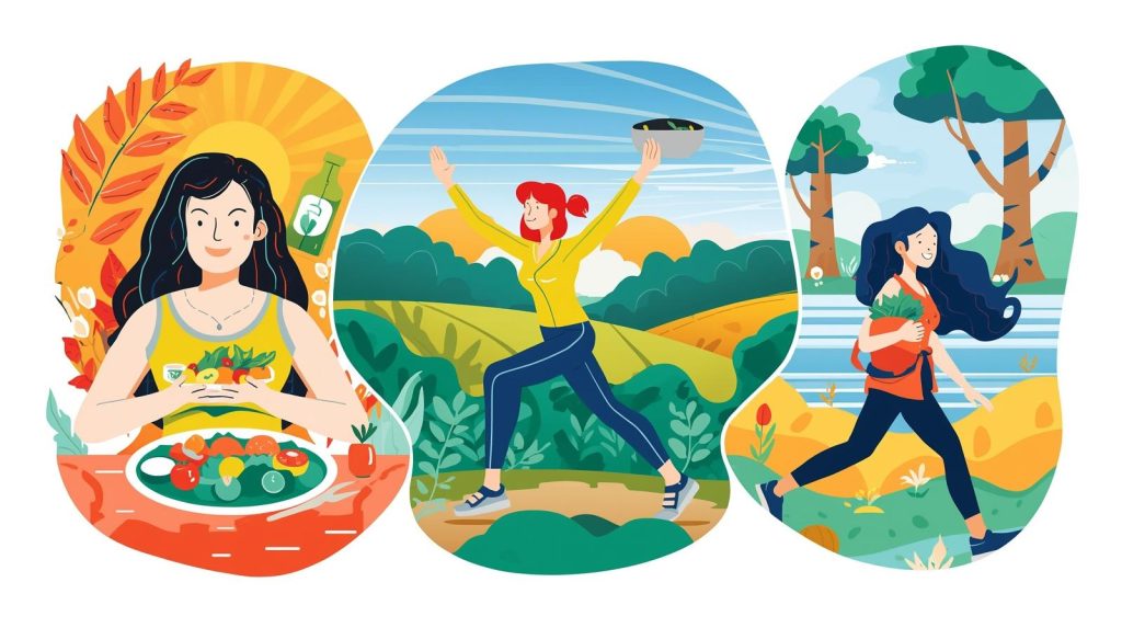 Illustration of healthy lifestyle habits including balanced nutrition, outdoor exercise, and walking in nature to stay healthy and strong.