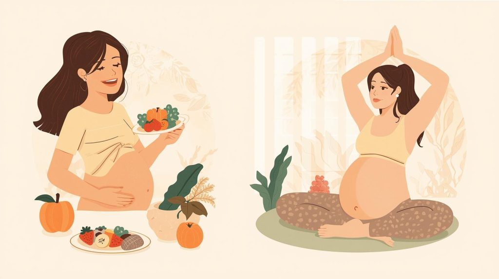 Illustration showing how to stay healthy in early pregnancy through balanced nutrition, prenatal care, gentle exercise, and a healthy lifestyle