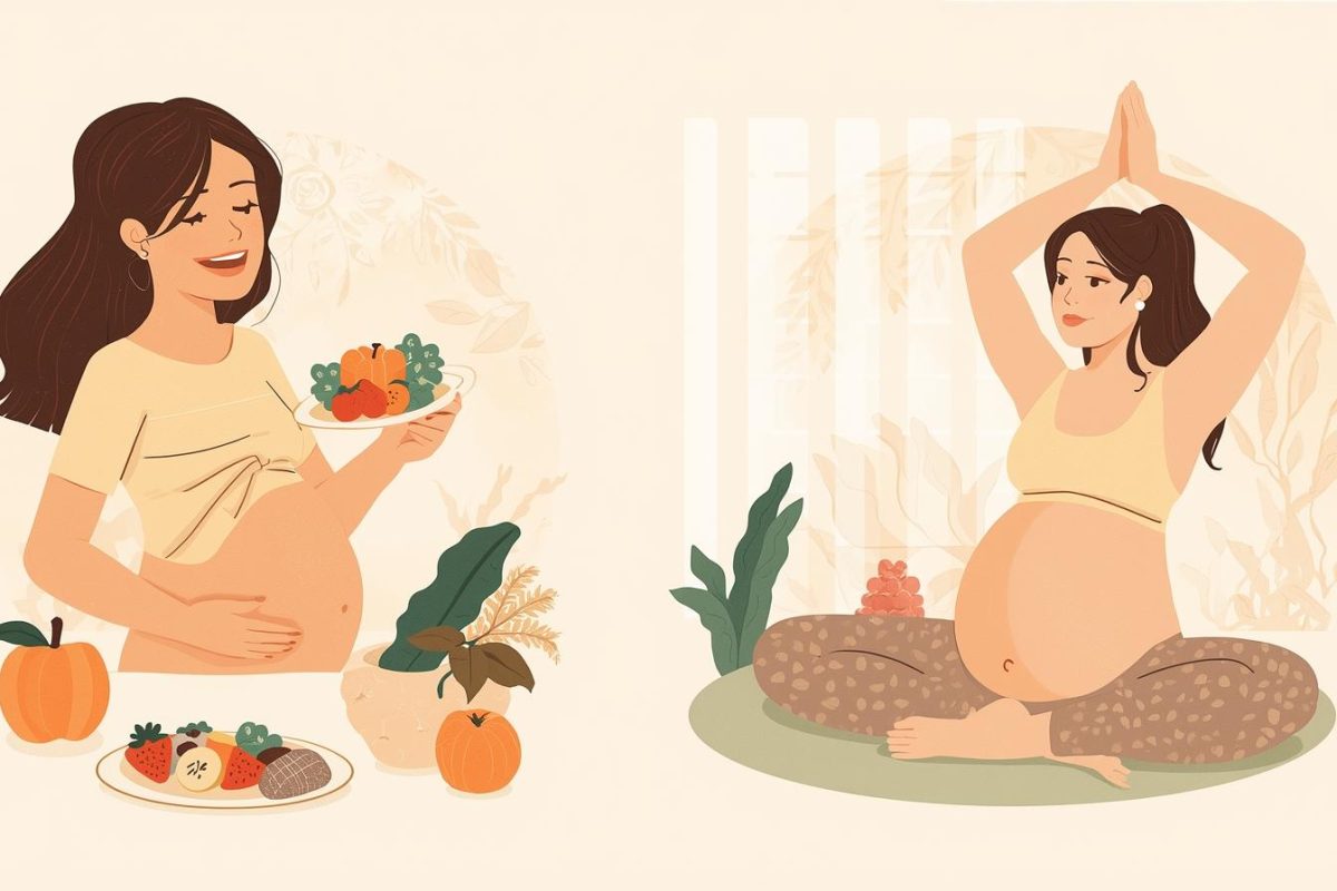 Illustration showing how to stay healthy in early pregnancy through balanced nutrition, prenatal care, gentle exercise, and a healthy lifestyle