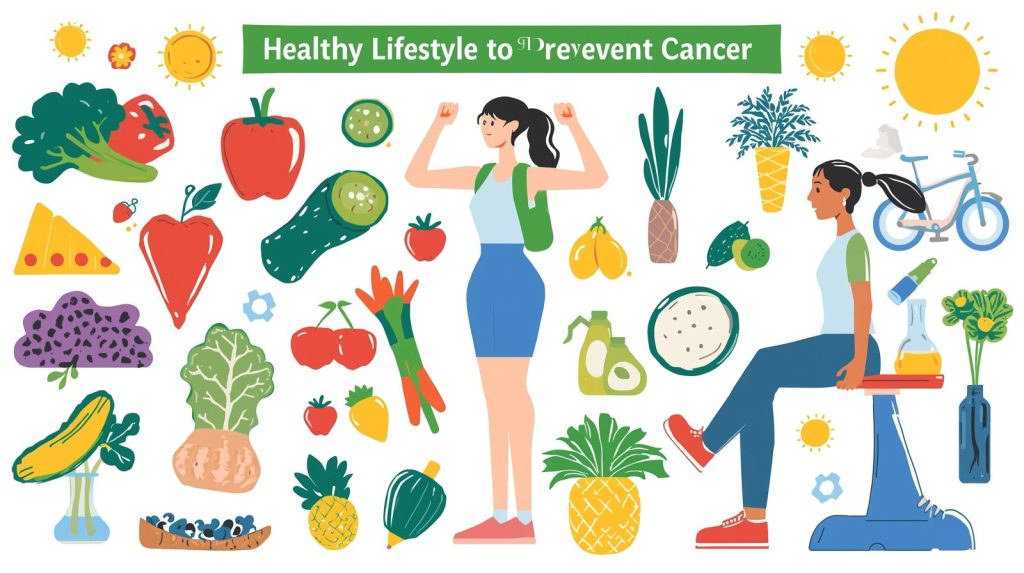 Healthy lifestyle for cancer prevention illustration showing balanced nutrition, regular exercise, and healthy daily habits