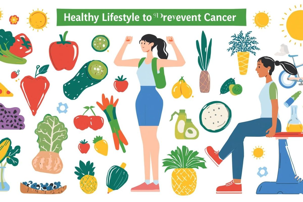 Healthy lifestyle for cancer prevention illustration showing balanced nutrition, regular exercise, and healthy daily habits