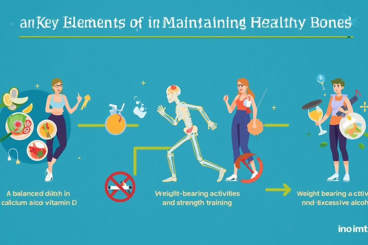 Infographic illustrating how to keep healthy bones through calcium-rich foods, vitamin D, weight-bearing exercise, and avoiding unhealthy habits