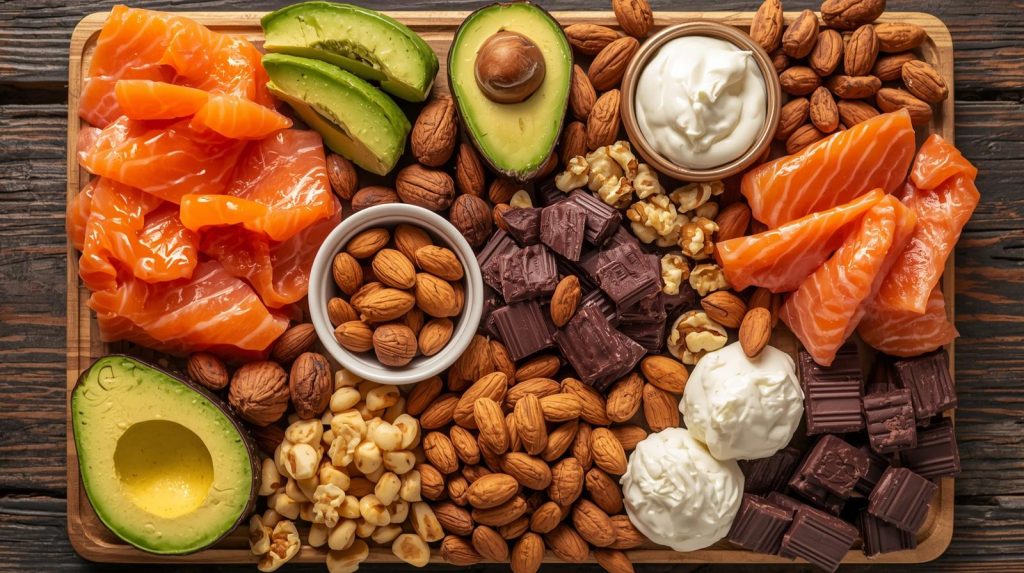 High-calorie healthy foods including salmon, avocado, almonds, walnuts, dark chocolate, yogurt, and nuts arranged on a wooden board for balanced nutrition.