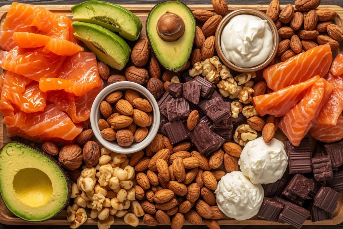 High-calorie healthy foods including salmon, avocado, almonds, walnuts, dark chocolate, yogurt, and nuts arranged on a wooden board for balanced nutrition.