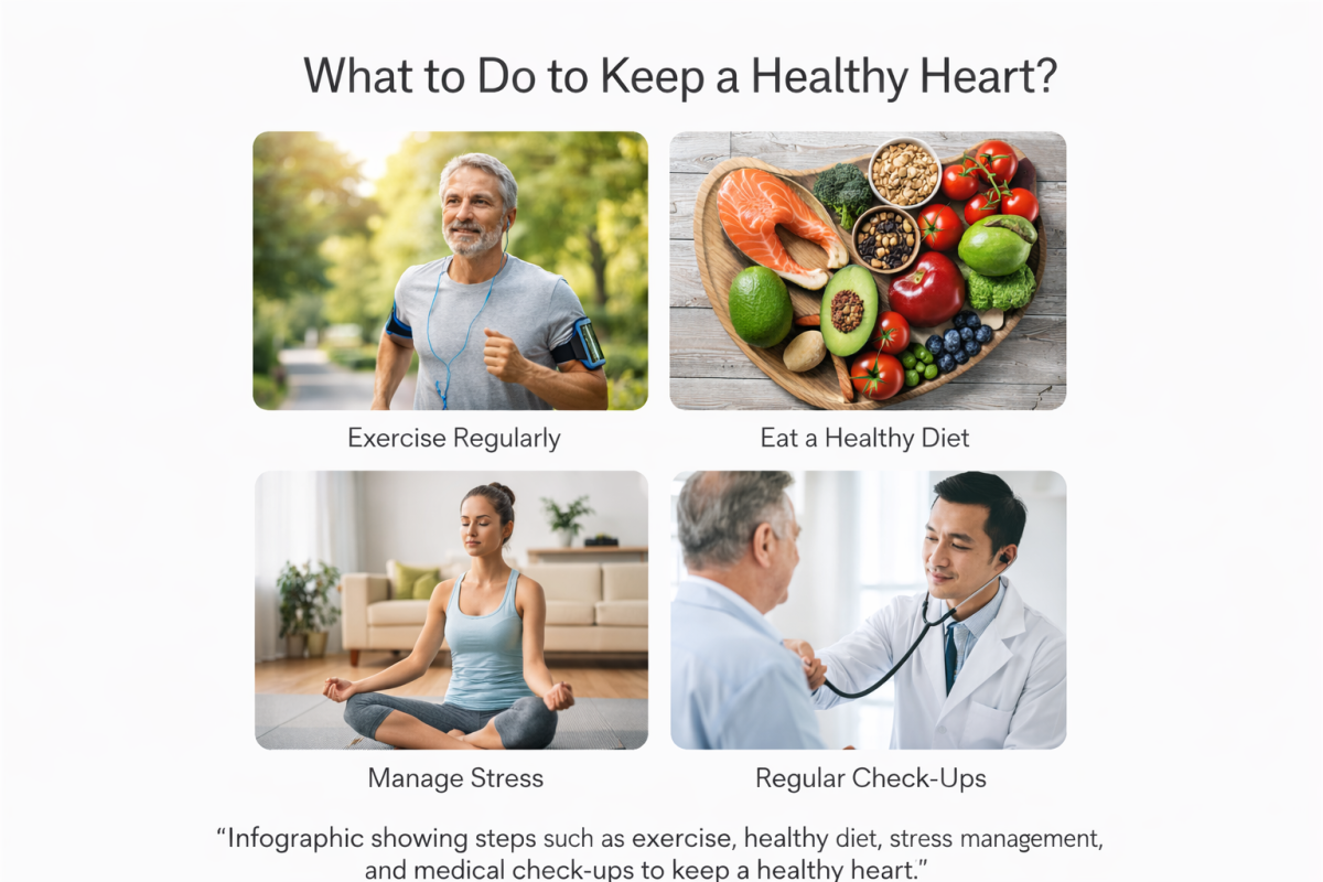 Infographic showing what to do to keep a healthy heart, including regular exercise, a heart-healthy diet, stress management, and routine medical checkups
