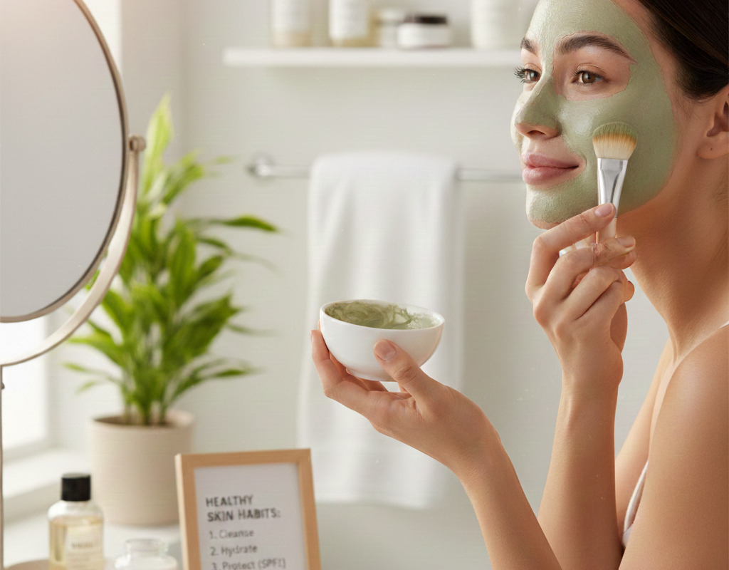 A woman smiling while applying a green clay face mask, with a mirror and various skincare products in the background.