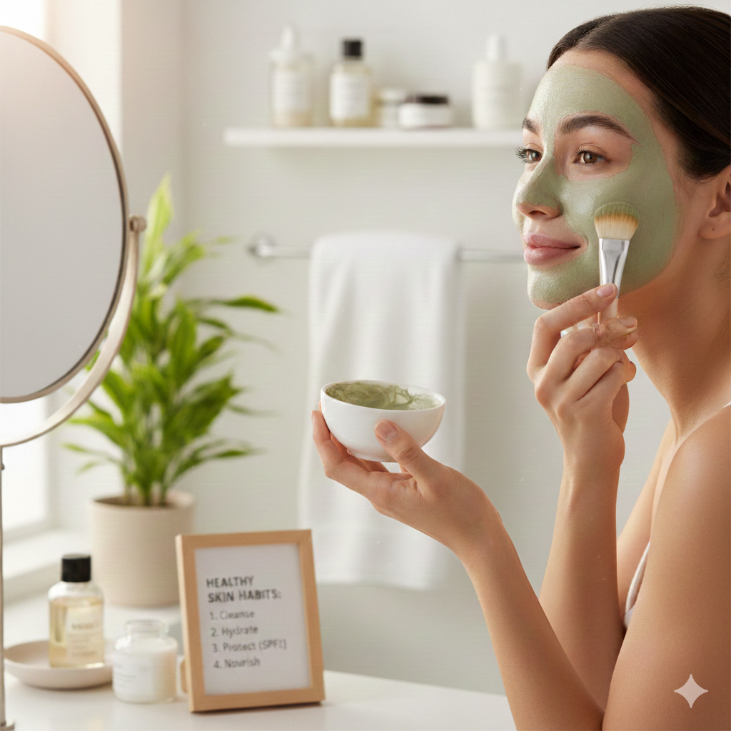 A woman smiling while applying a green clay face mask, with a mirror and various skincare products in the background.