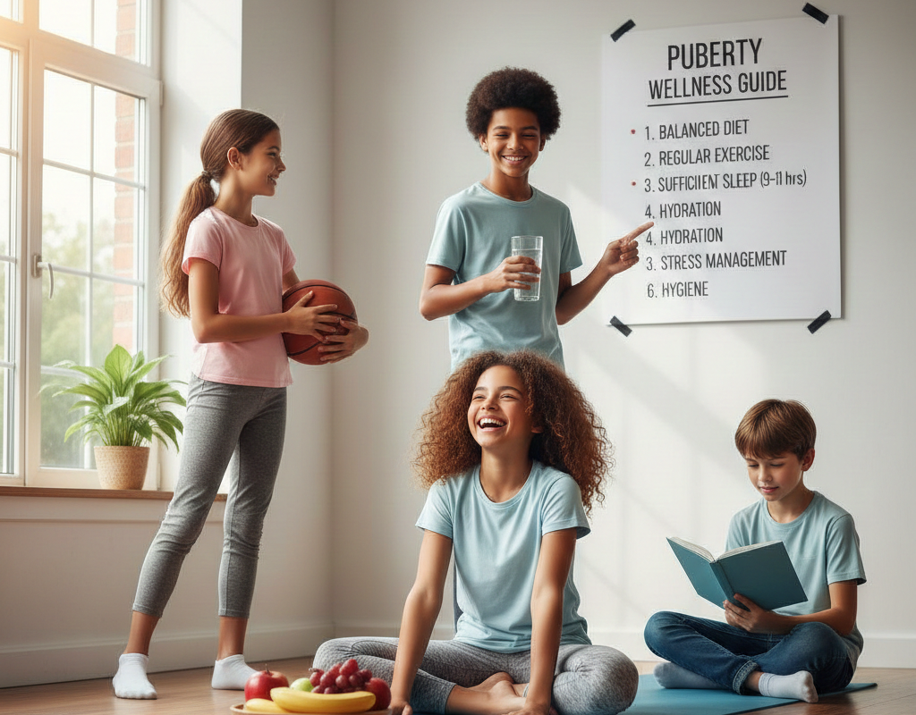 Educational illustration showing how to stay healthy during puberty through balanced nutrition, regular physical activity, hydration, mental wellness, and healthy daily routines in a supportive environment.