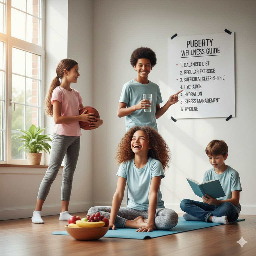 Educational illustration showing how to stay healthy during puberty through balanced nutrition, regular physical activity, hydration, mental wellness, and healthy daily routines in a supportive environment.