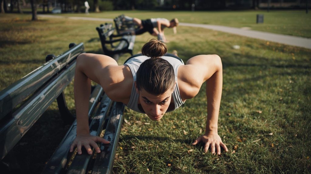 Woman doing push-ups using a park bench outdoors, demonstrating how to stay healthy without gym through bodyweight exercise