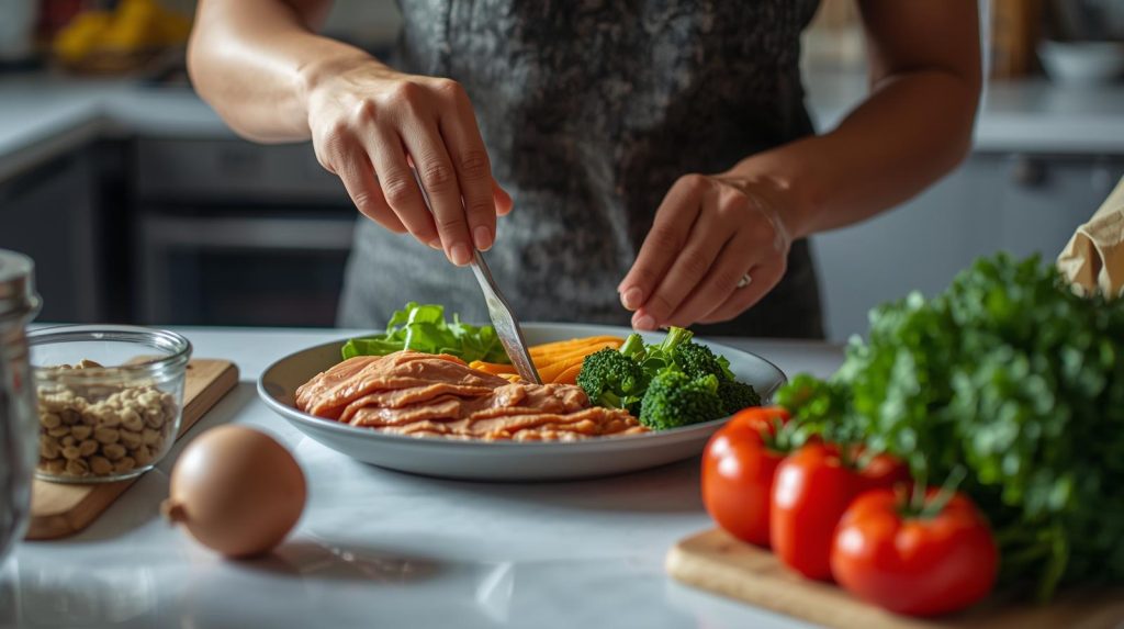 Athlete lifting weights and eating balanced high-protein meals, showing how to stay healthy while bulking with proper nutrition and strength training