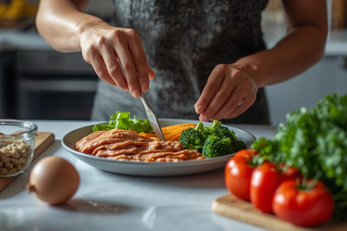 Athlete lifting weights and eating balanced high-protein meals, showing how to stay healthy while bulking with proper nutrition and strength training