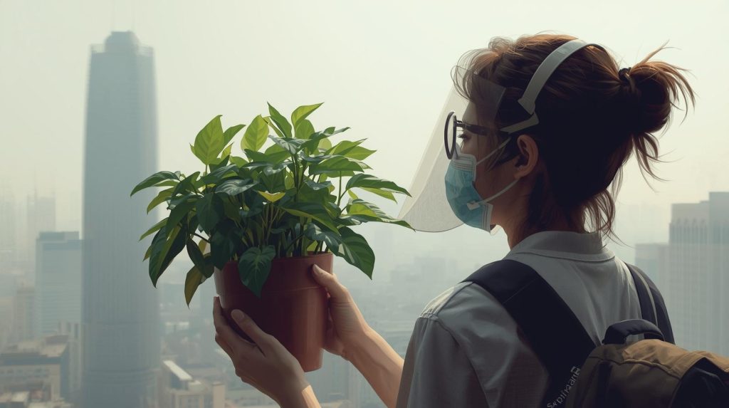 How to stay healthy in polluted city - person with face mask holding air-purifying plant against smoggy urban skyline"