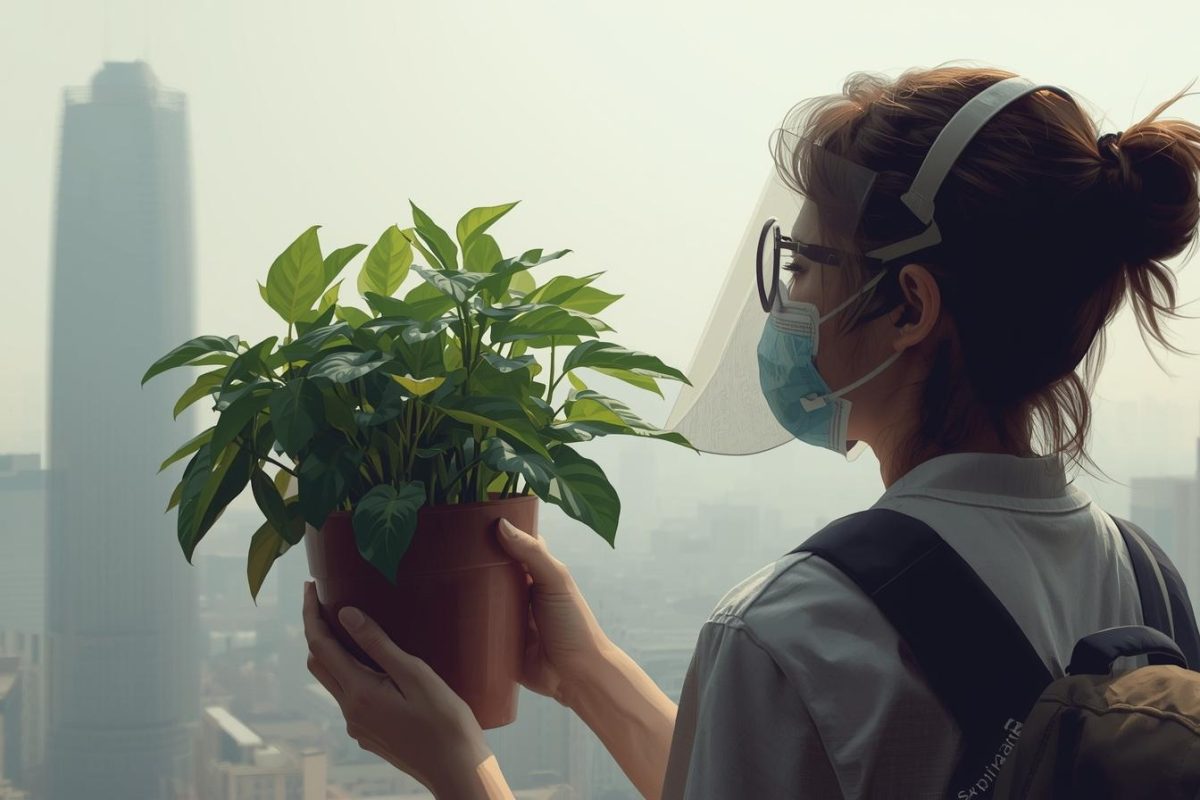 How to stay healthy in polluted city - person with face mask holding air-purifying plant against smoggy urban skyline"