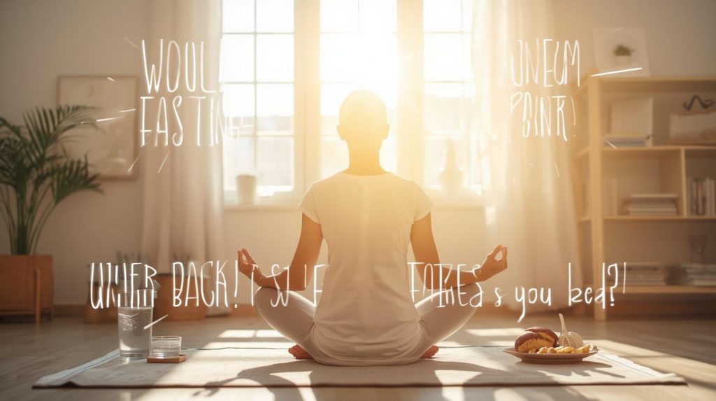 Person practicing meditation at home with healthy food and water during fasting to stay healthy and balanced.