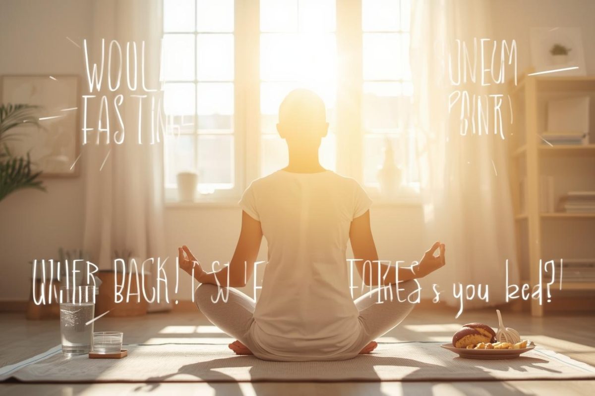 Person practicing meditation at home with healthy food and water during fasting to stay healthy and balanced.